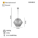 Kryształowy żyrandol, złota lampa wisząca do salonu (53cm) Lucea 1518-80-21 LORENA