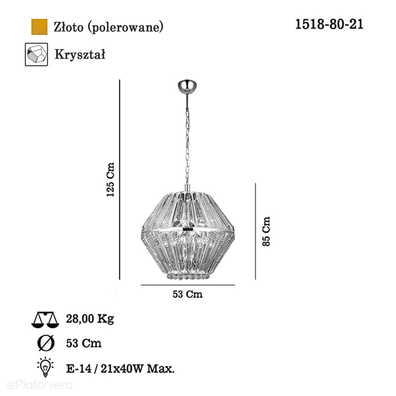 Kryształowy żyrandol, złota lampa wisząca do salonu (53cm) Lucea 1518-80-21 LORENA