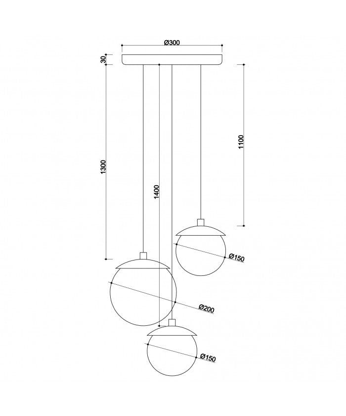 Kuul M3-K czarna lampa wisząca na kole - lampa sufitowa mix klosz 20cm i 2x15cm Ummo