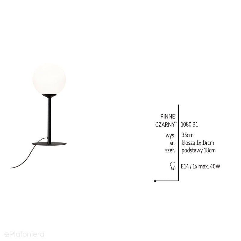 Lampa biurkowa 35cm - rurka czarna, jedna mleczna kula 14cm (E14) Aldex (Pinne) 1080B1