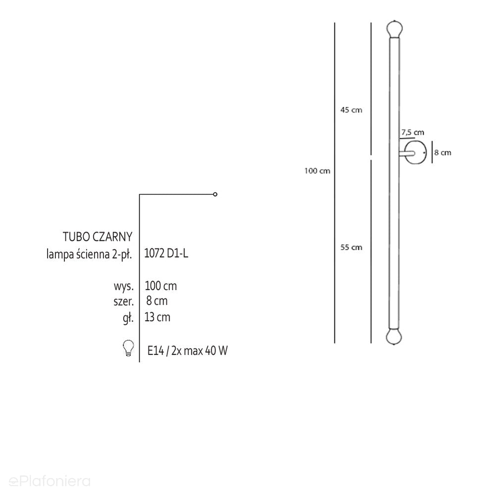 Lampa do salonu, czarny kinkiet Tubo Wall Black L - Aldex (2xE14) 1072D1L