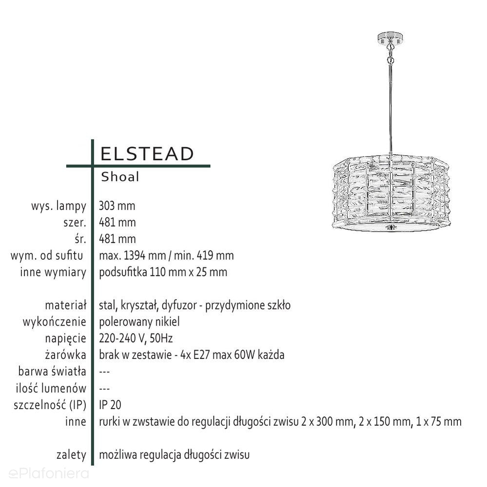 Lampa kryształowa Shoal - Elstead 48cm do kuchni / salonu / sypialni (4xE27)
