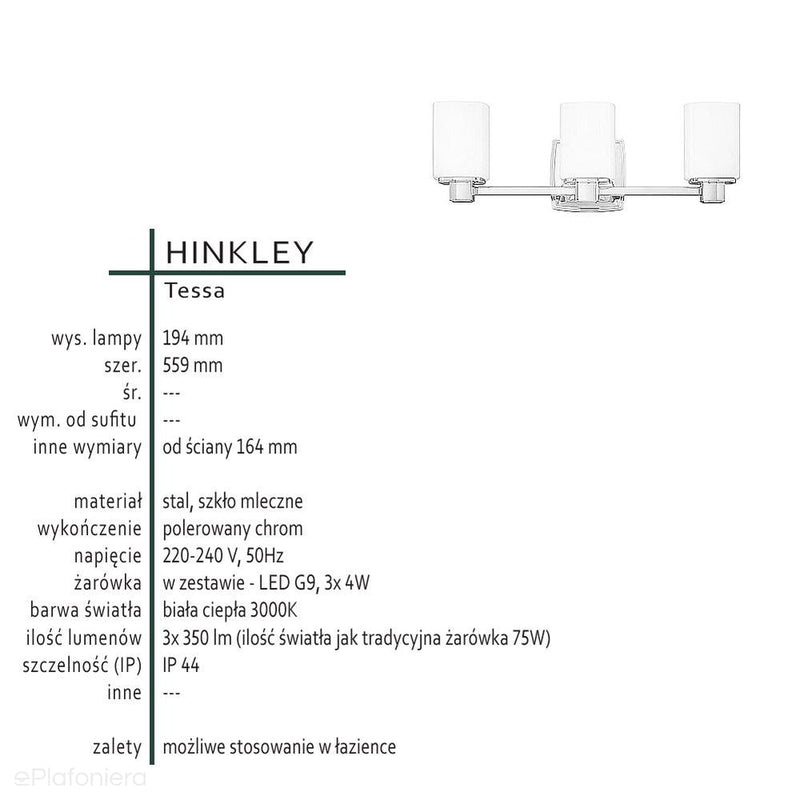 Lampa łazienkowa ścienna - kinkiet chrom, mleczne szkło (G9 3x4W) Hinkley (Tessa)