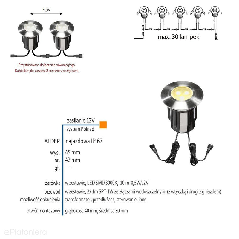 Lampa najazdowa/podwodna ogrodowa zewnętrzna IP 67 (0,5W, 3000K) (system 12V LED) Alpha