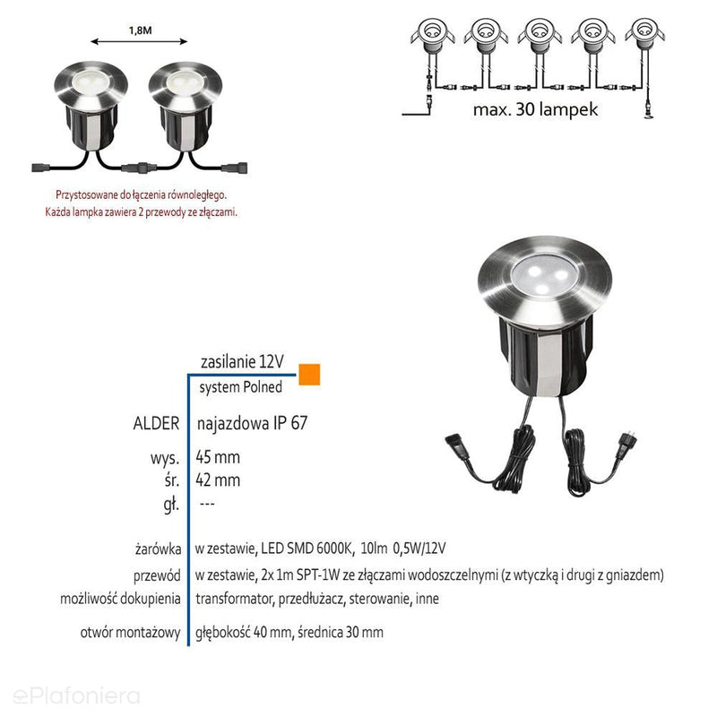 Lampa najazdowa/podwodna ogrodowa zewnętrzna IP 67 (0,5W, 6000K) (system 12V LED) Alpha