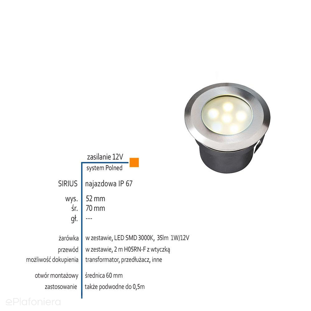 Lampa najazdowa/podwodna, ogrodowa zewnętrzna IP 67 (1W, 3000K) (system 12V LED) Sirius