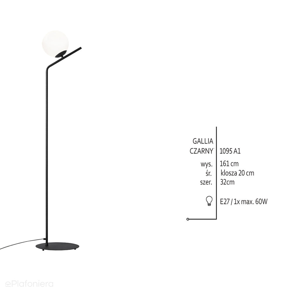 Lampa podłogowa, czarna Gallia Floor Black - Aldex, jedna mleczna kula 20cm (E27) 1095A1