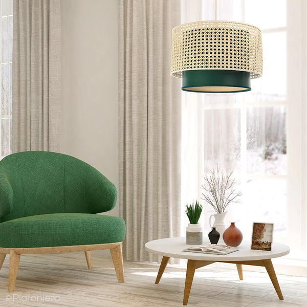 Lampa rattan-satyna wisząca w stylu boho 40/50/60cm - do salonu sypialni (Rotang-009, 1xE27) ręcznie robiona