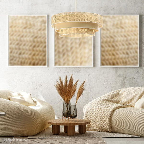 Lampa rattan-satyna wisząca w stylu boho 60cm - do salonu sypialni (Rotang-010, 1xE27) ręcznie robiona