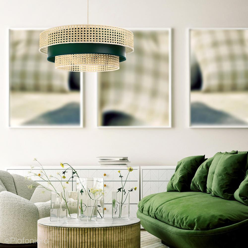 Lampa rattan-satyna wisząca w stylu boho 60cm - do salonu sypialni (Rotang-011, 1xE27) ręcznie robiona
