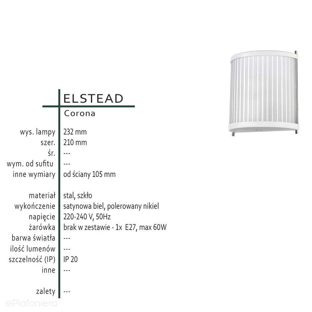 Lampa ścienna Corona szklana, biała - kinkiet do kuchni / salonu / sypialni -  Elstead (1xE27)
