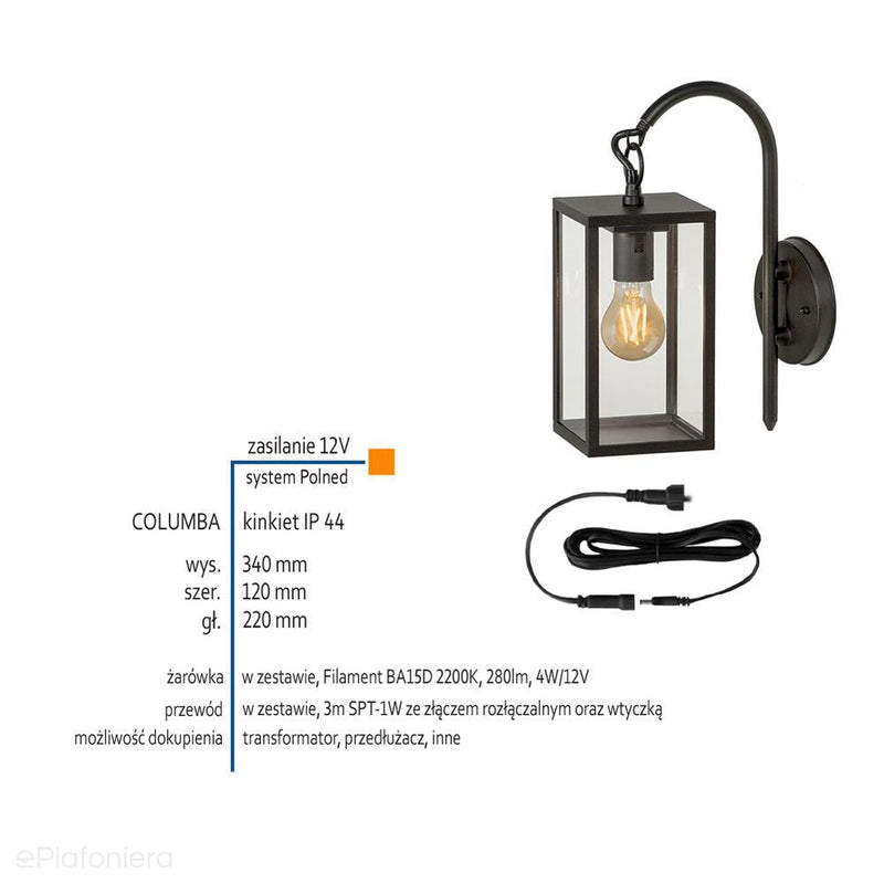 Lampa ścienna - kinkiet, ogrodowa zewnętrzna latarnia IP 44 (4W, 2200K) (system 12V LED) Columba