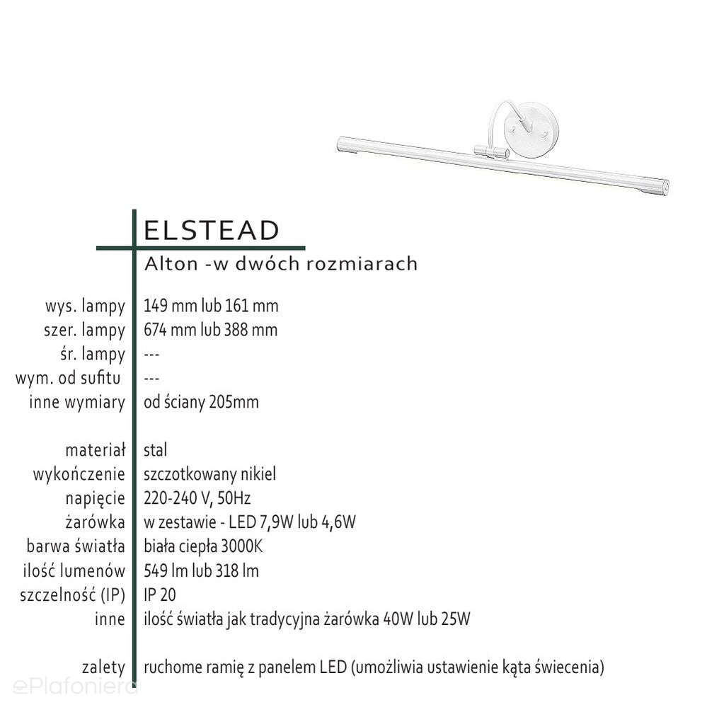 Lampa ścienna LED kinkiet (nikiel 67/39cm) nad obraz lustro do salonu sypialni, Elstead (Alton)