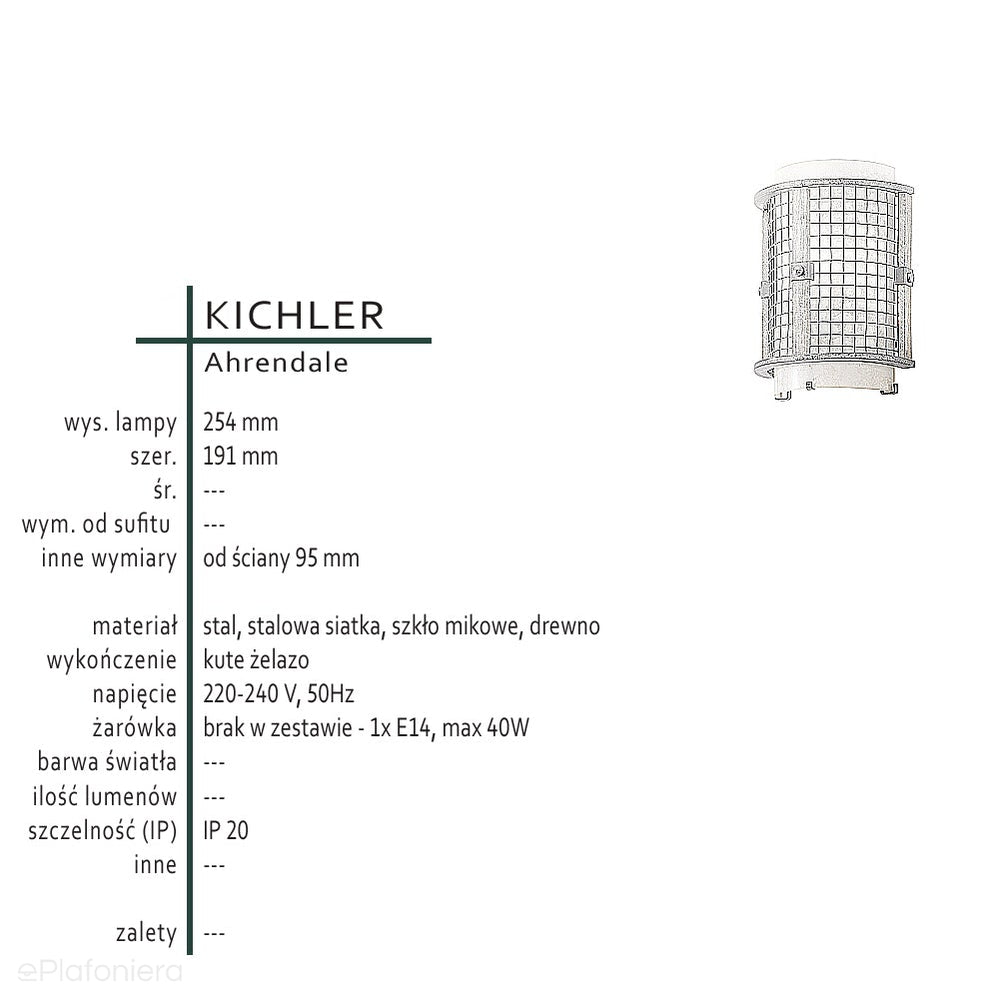 Lampa ścienna, metalowa siatka - kute żelazo, do salonu kuchni sypialni (1xE14) Kichler (Ahrendale)