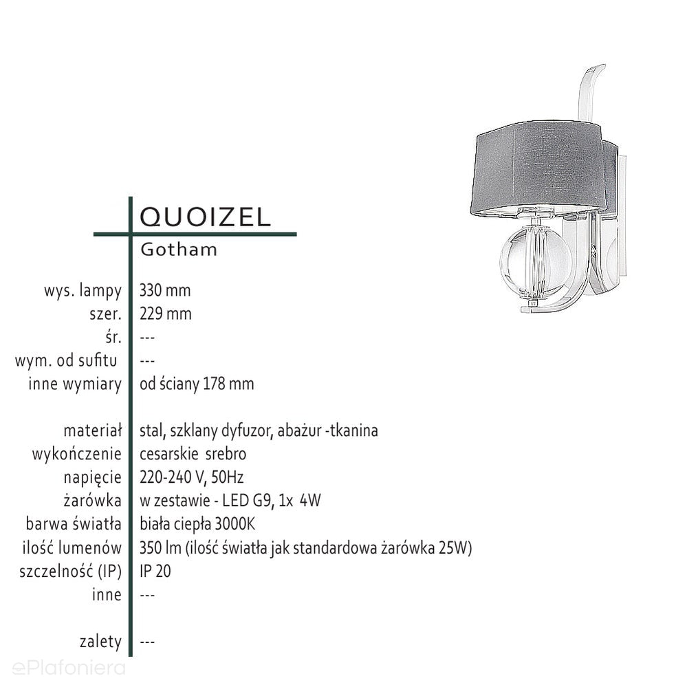 Lampa ścienna srebrna - czarny abażur, kinkiet do salonu sypialni jadalni (G9 4x4W) Quoizel (Gotham)