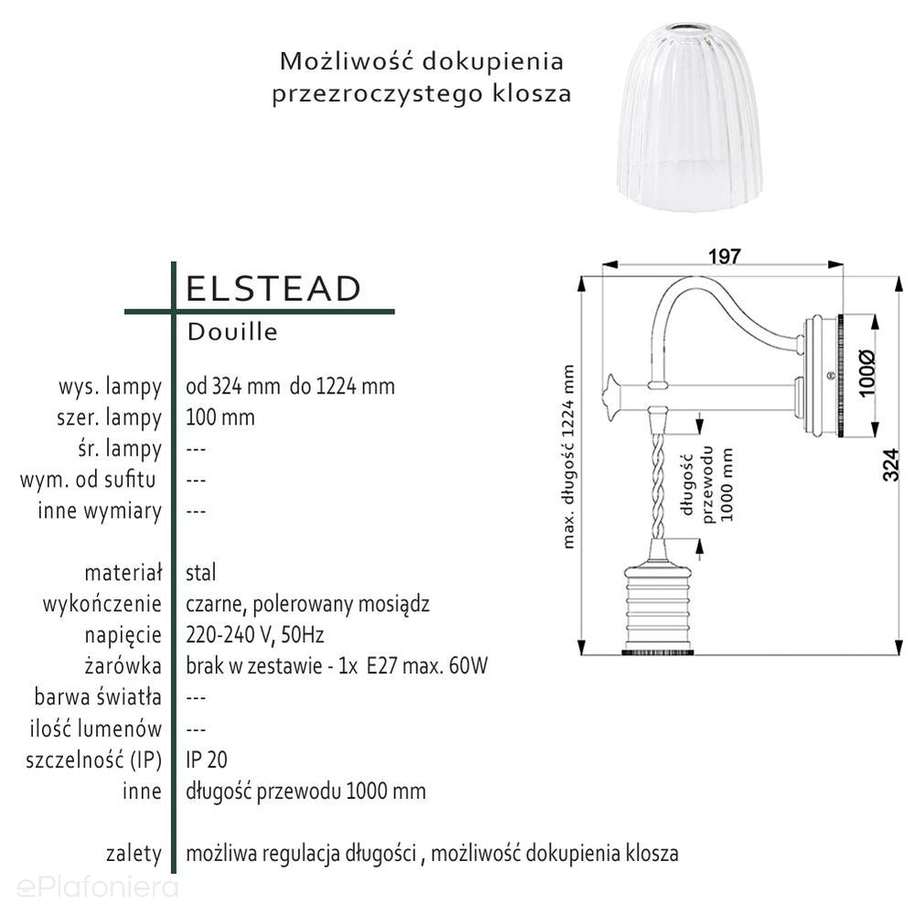 Lampa ścienna - wisząca żarówka (mosiądz, czarny 1xE27) kinkiet do sypialni salonu, Elstead (Douille)