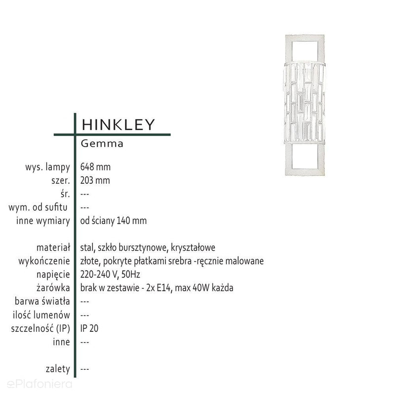 Lampa ścienna z płatkami srebra Gemma - Hinkley (złota, płatki srebra, bursztyn, kryształy) 20x65cm / 2xE14