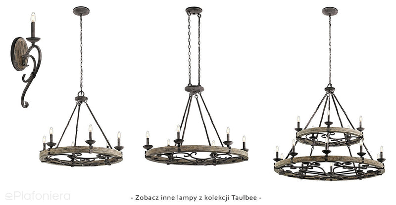 Lampa ścienna - zamkowy kinkiet (drewno, metal) do salonu holu (1xE14) Kichler (Taulbee)