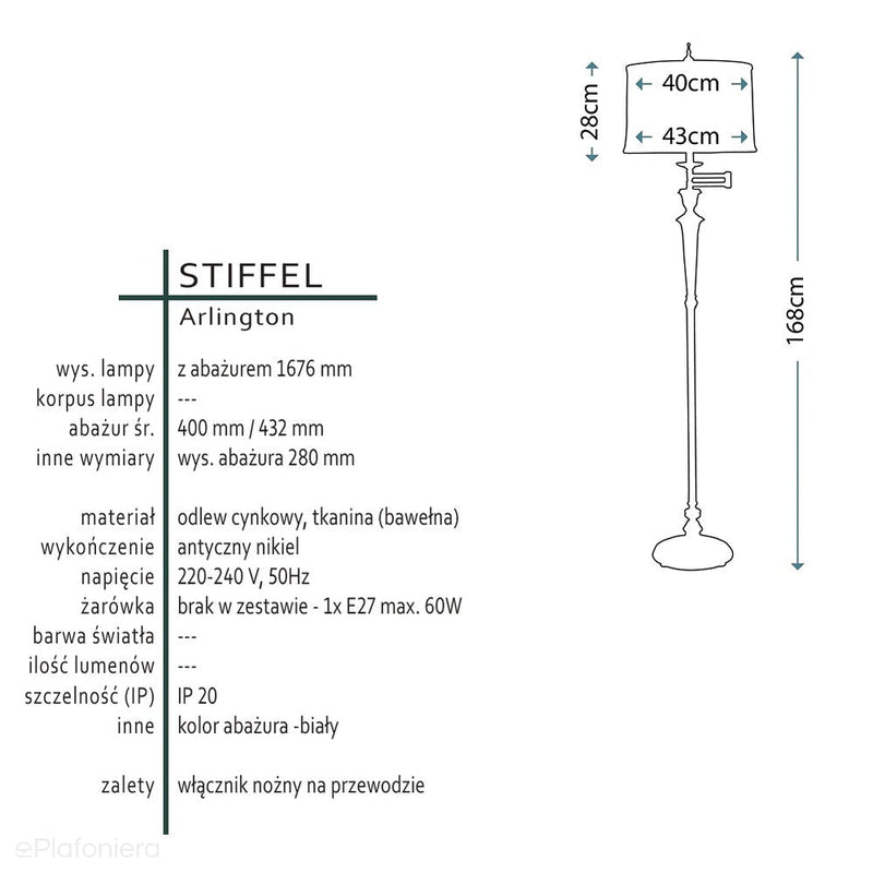 Lampa stojąca 167cm - podłogowa (antyczny nikiel) do salonu sypialni gabinetu (1xE27) Stiffel (Arlington)