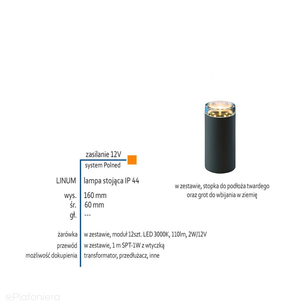 Lampa stojąca 16cm ogrodowa zewnętrzna słupek IP 44 (2W, 3000K) (system 12V LED) Linum