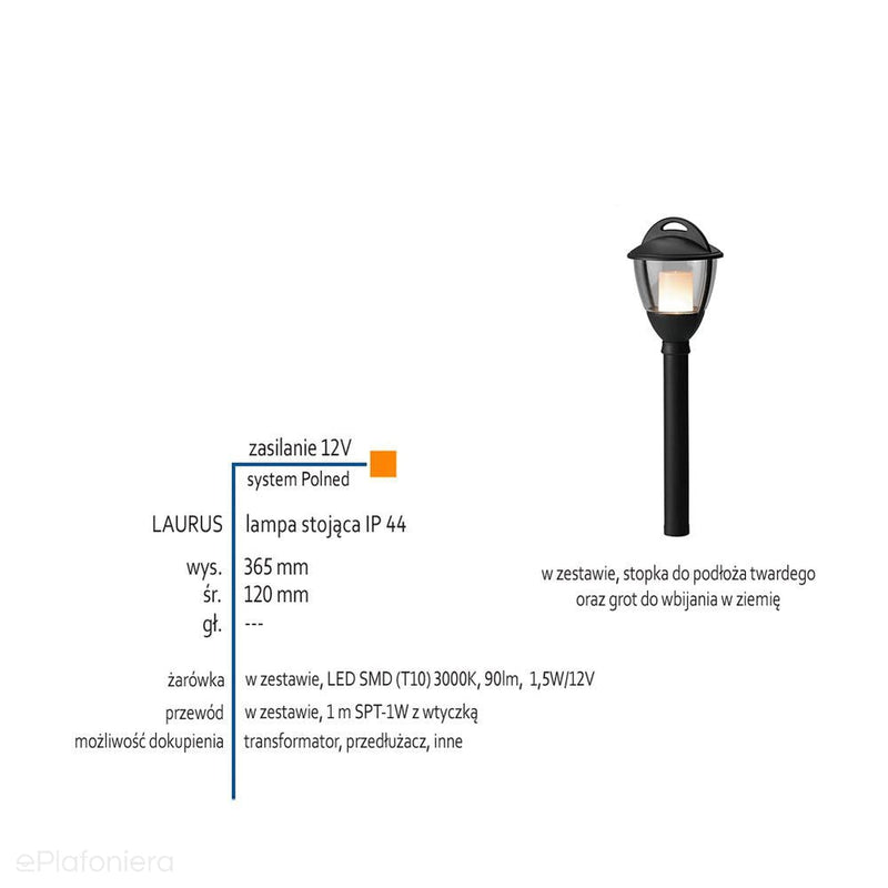 Lampa stojąca 36cm ogrodowa zewnętrzna słupek IP 44 (1,5W 3000K) (system 12V LED) Laurus