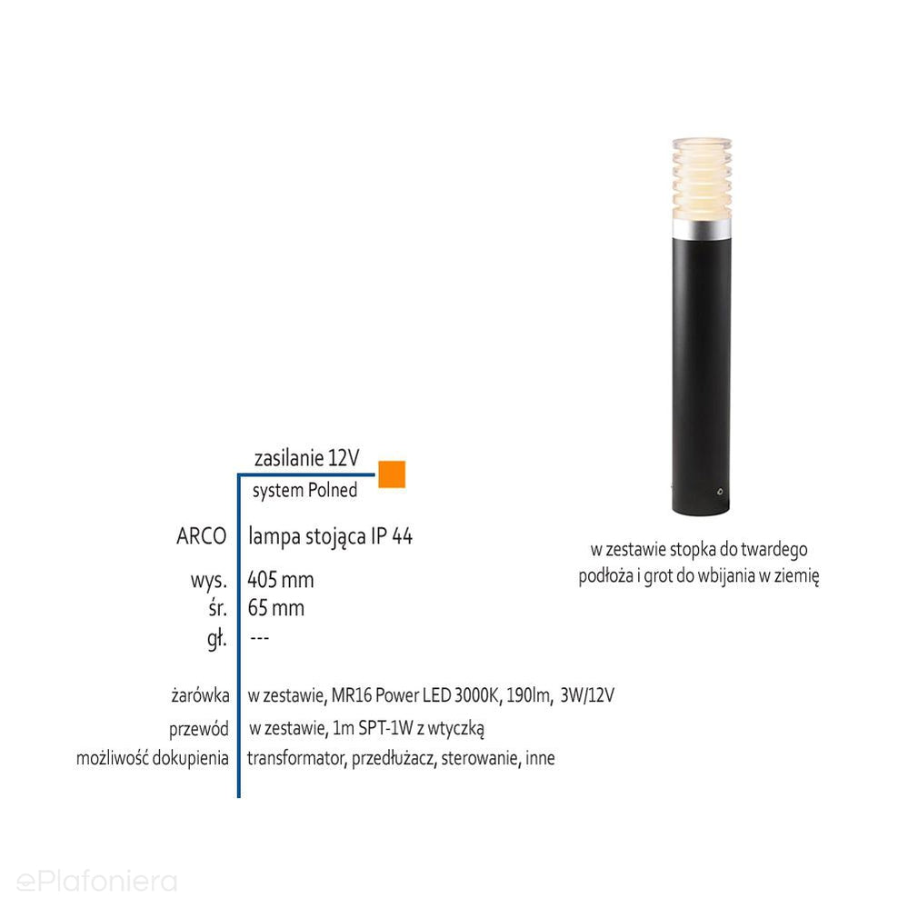 Lampa stojąca 40/60cm ogrodowa zewnętrzna słupek IP 44 (3W, 3000K) (system 12V LED) Arco