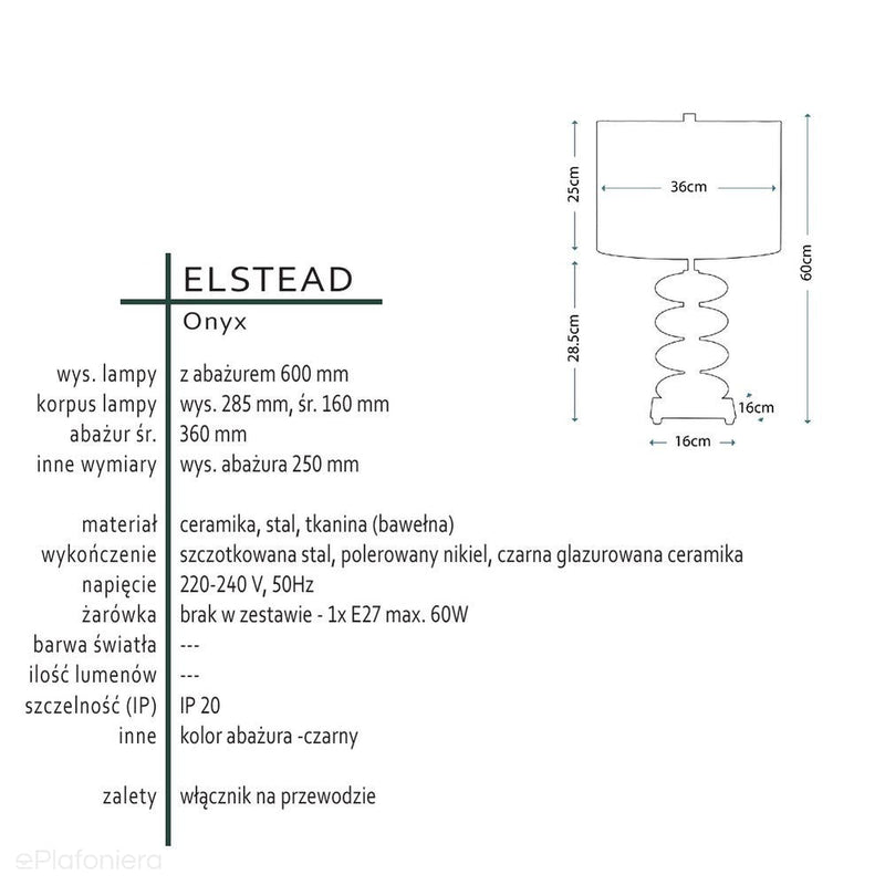 Lampa stojąca 60cm - stołowa (czarna porcelana) do salonu sypialni gabinetu (1xE27) Elstead (Onyx)