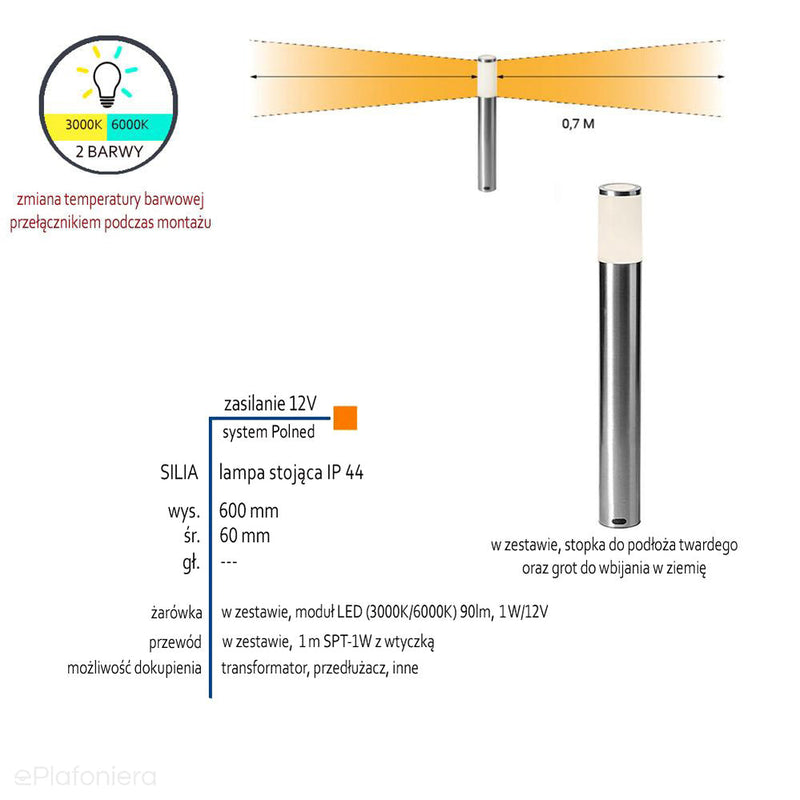 Lampa stojąca (Lunia 44cm/Silia 60cm) ogrodowa zewnętrzna słupek IP 44 (1W, 3000K/6000K) (system 12V LED)