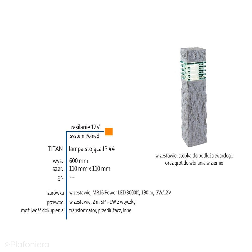 Lampa stojąca (Nepos 40cm/Titan 60cm) ogrodowa zewnętrzna słupek IP 44 (3W, 3000K) (system 12V LED)