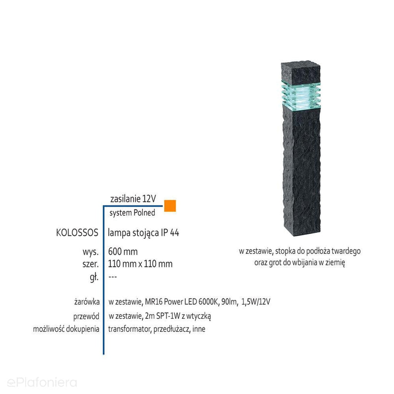 Lampa stojąca (Phobos 40cm/Kolossos 60cm) ogrodowa zewnętrzna słupek IP 44 (1,5W, 6000K) (system 12V LED)