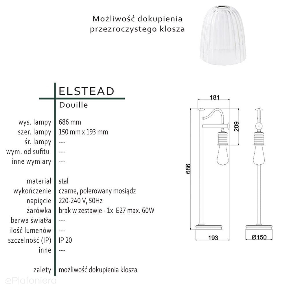 Lampa stołowa - wisząca żarówka (mosiądz, czarny 1xE27) biurkowa do sypialni salonu, Elstead (Douille)