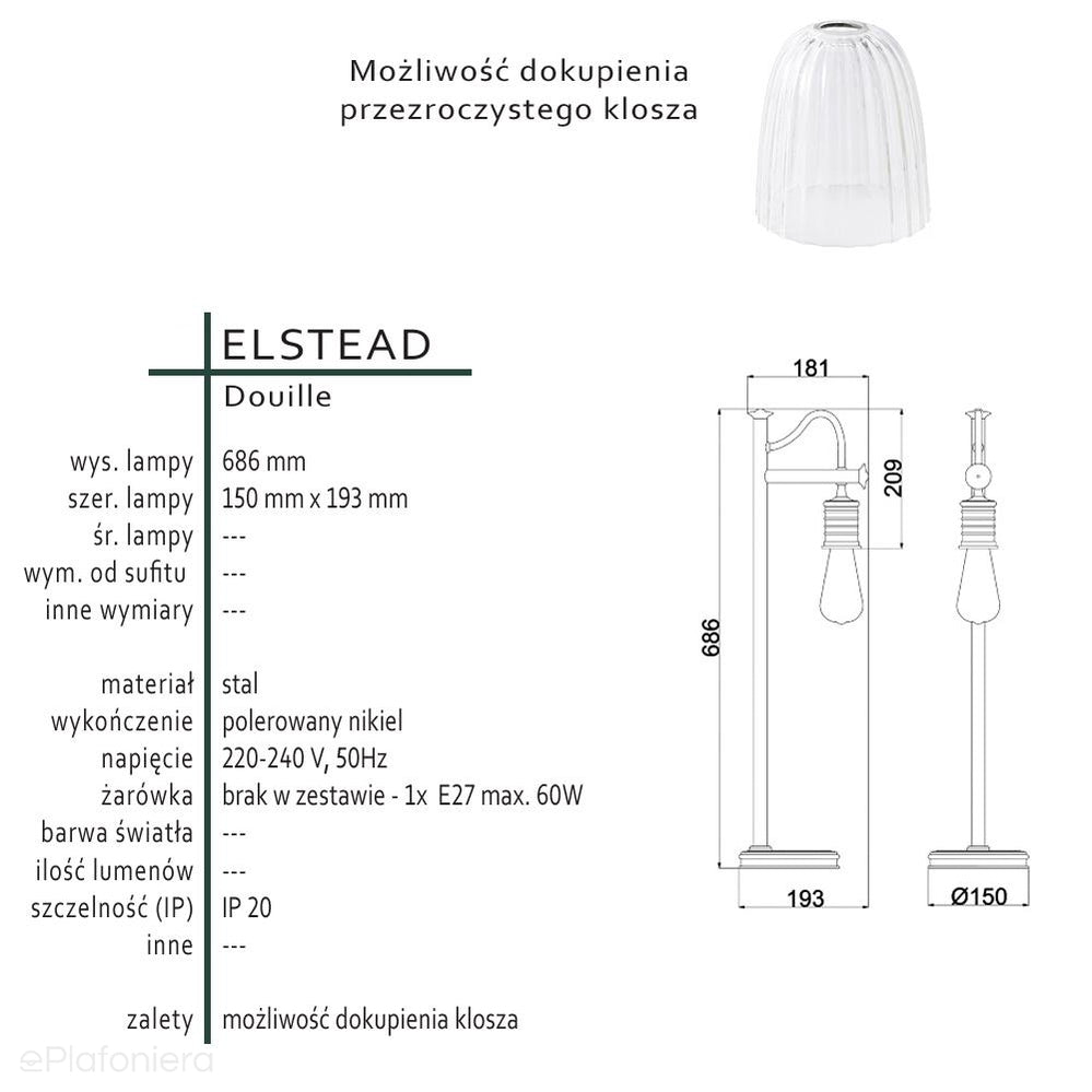 Lampa stołowa - wisząca żarówka (nikiel 1xE27) biurkowa do sypialni salonu, Elstead (Douille)