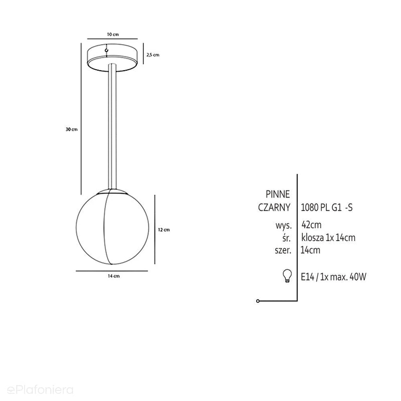 Lampa sufitowa 42cm - rurka czarna, jedna mleczna kula 14cm (E14) Aldex (Pinne) 1080PL-G1S