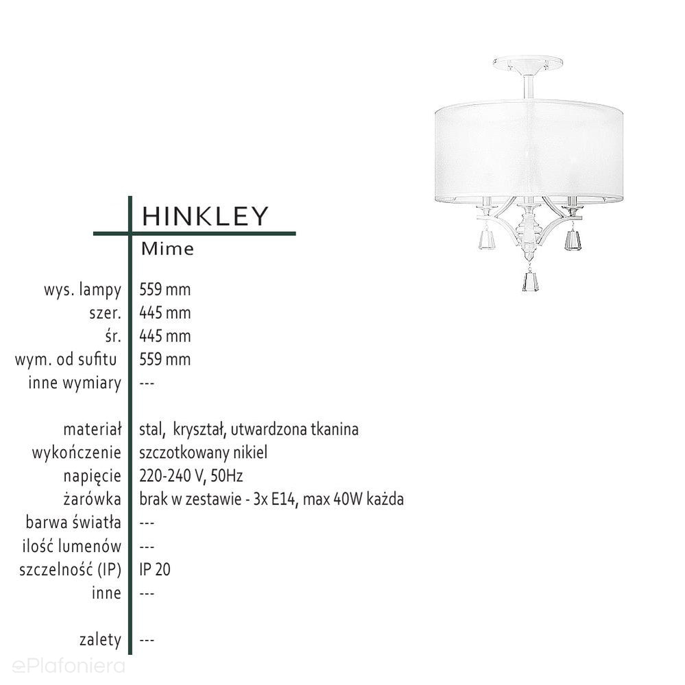 Lampa sufitowa 45cm (nikiel, utwardzony abażur, kryształy) do sypialni salonu (3xE14) Hinkley (Mime)