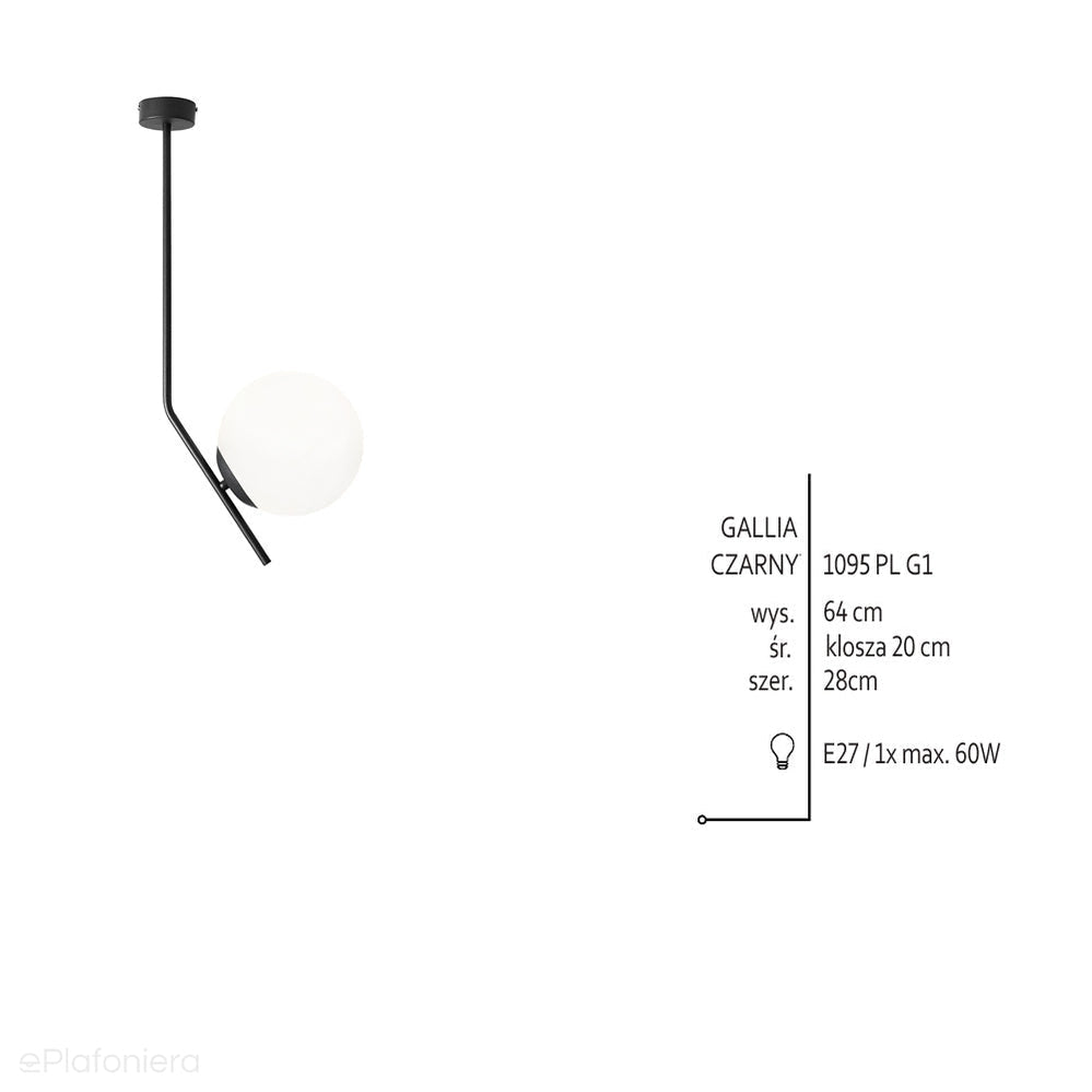Lampa sufitowa 64cm, czarna, jedna mleczna kula 20cm (E27) Aldex (Gallia) 1095PL-G1