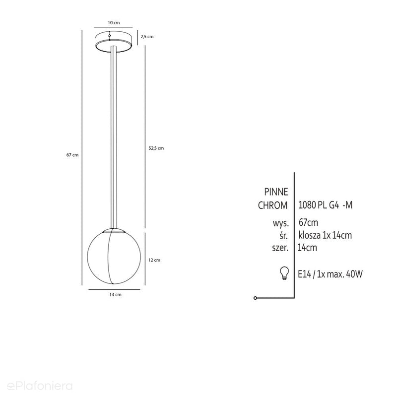 Lampa sufitowa 67cm - rurka chrom, jedna mleczna kula 14cm (E14) Aldex (Pinne) 1080PL-G4M