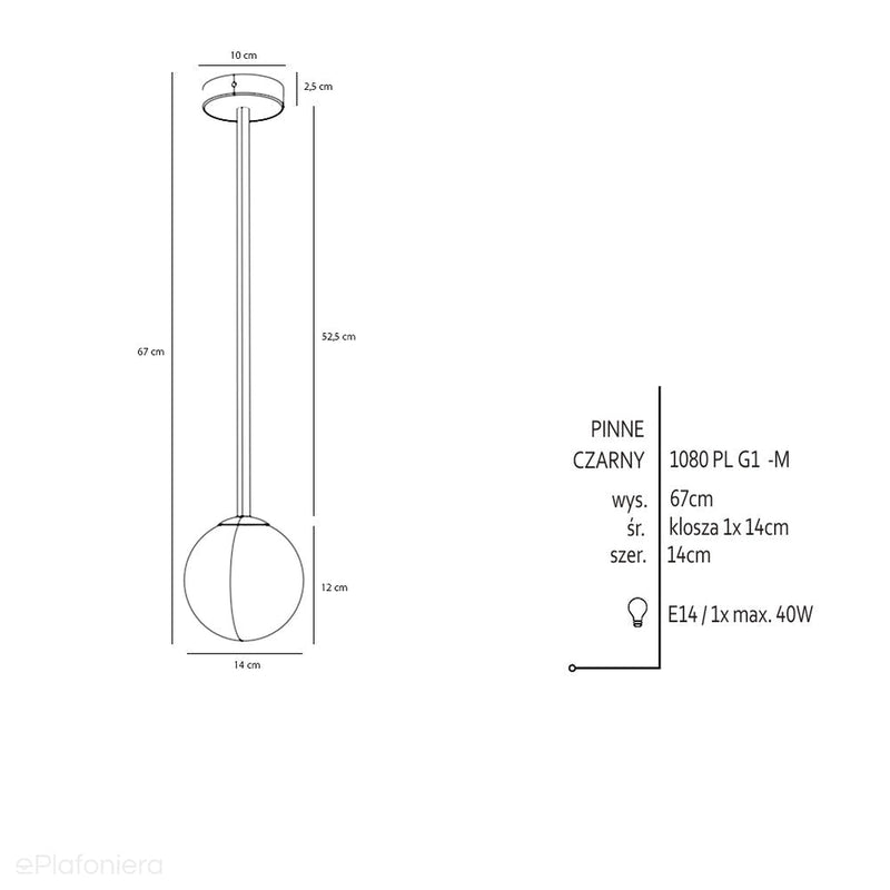 Lampa sufitowa 67cm - rurka czarna, jedna mleczna kula 14cm (E14) Aldex (Pinne) 1080PL-G1M