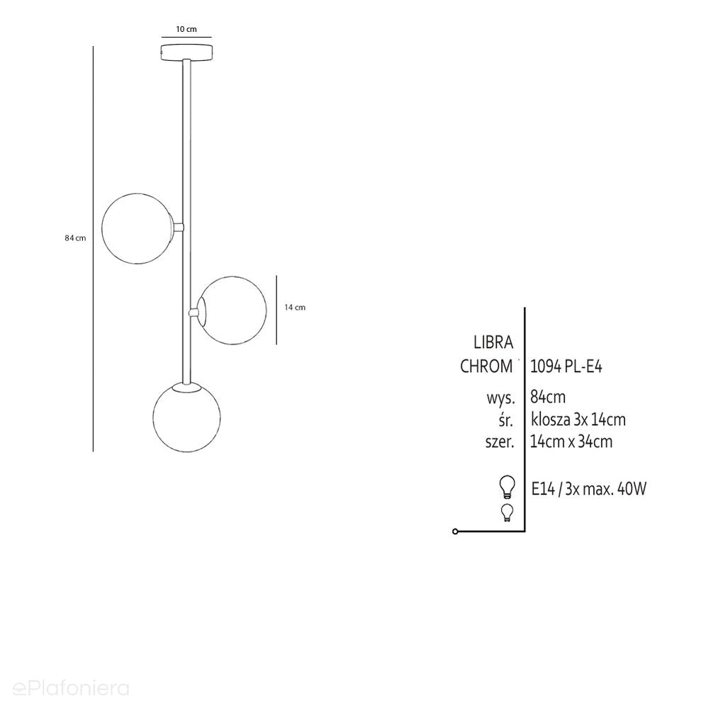 Lampa sufitowa 84cm, chrom, mleczne kule 3x14cm (E14) Aldex (Libra) 1094PL-E4