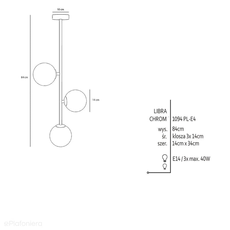 Lampa sufitowa 84cm, chrom, mleczne kule 3x14cm (E14) Aldex (Libra) 1094PL-E4