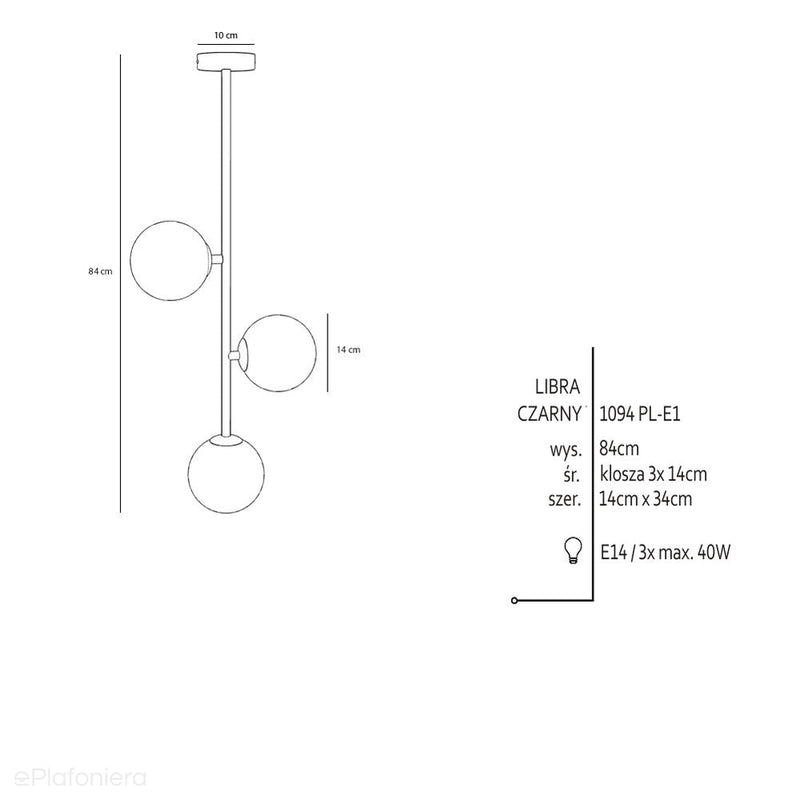 Lampa sufitowa 84cm, czarna, mleczne kule 3x14cm (E14) Aldex (Libra) 1094PL-E1