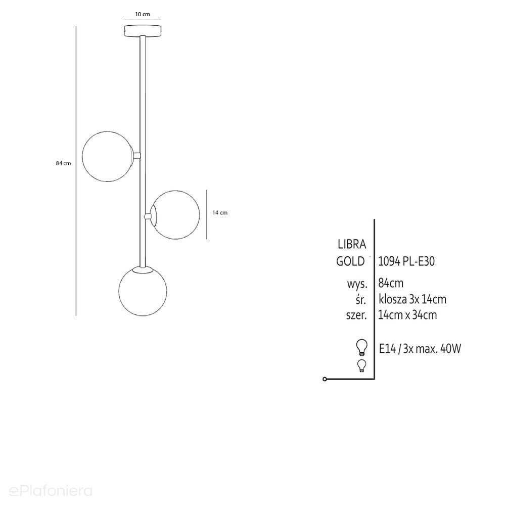 Lampa sufitowa 84cm, złota, mleczne kule 3x14cm (E14) Aldex (Libra) 1094PL-E30