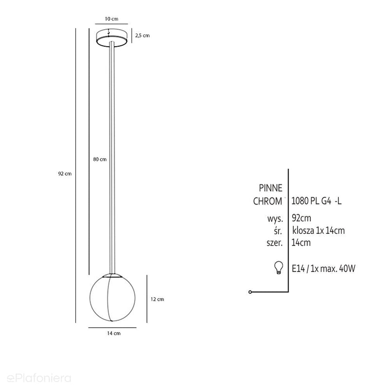 Lampa sufitowa 92cm - rurka chrom, jedna mleczna kula 14cm (E14) Aldex (Pinne) 1080PL-G4L