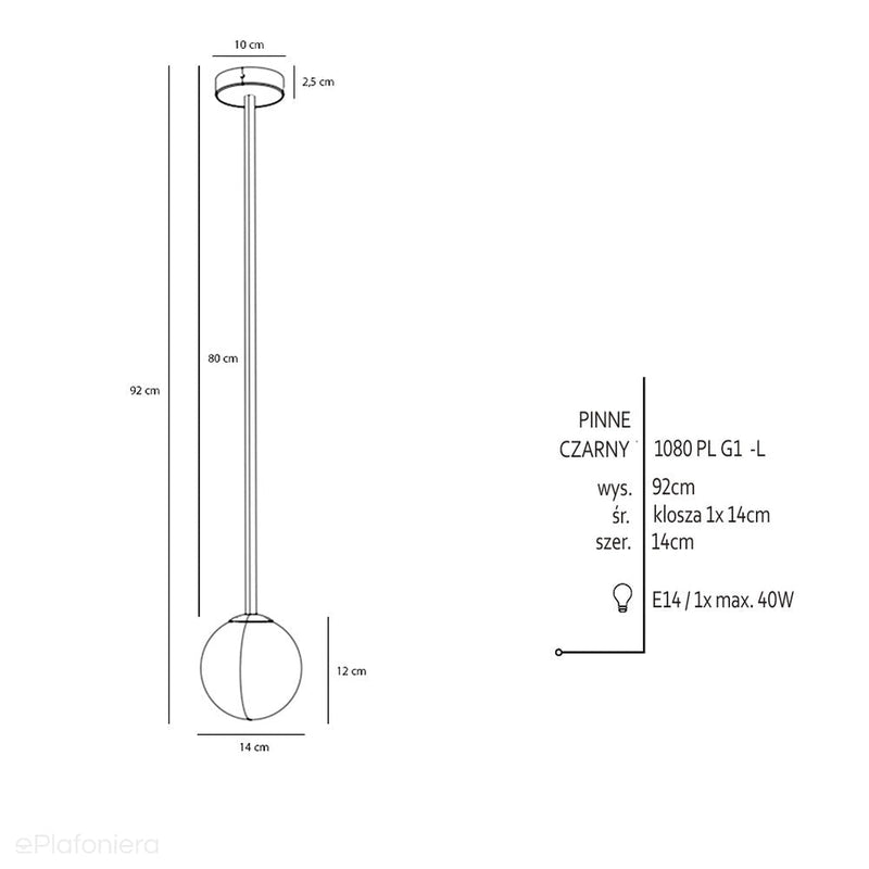 Lampa sufitowa 92cm - rurka czarna, jedna mleczna kula 14cm (E14) Aldex (Pinne) 1080PL-G1L