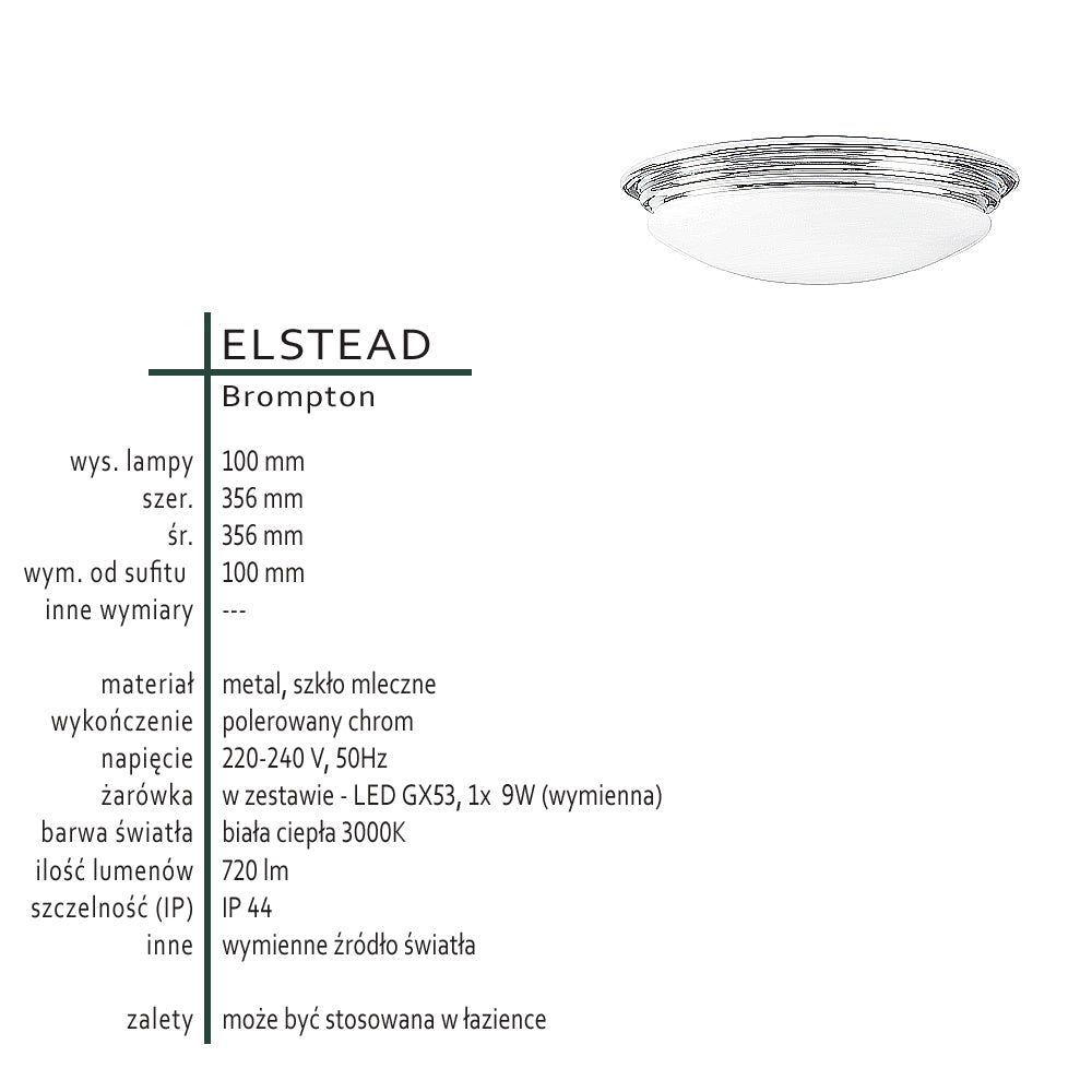 Lampa sufitowa chrom do łazienki kuchni jadalni, LED GX53 Elstead (Brompton)