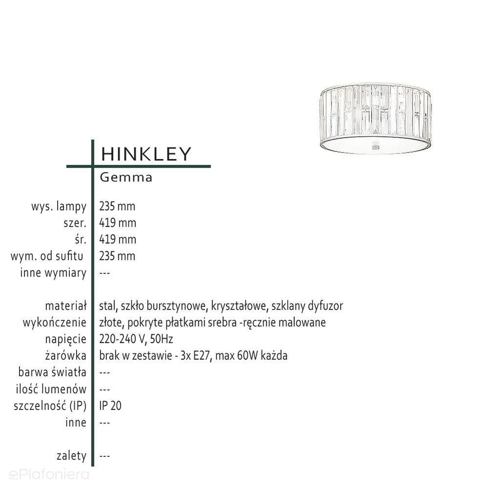 Lampa sufitowa Gemma, pokryta płatkami srebra - Hinkley (złota, płatki srebra, bursztyn, kryształy) (3xE27)