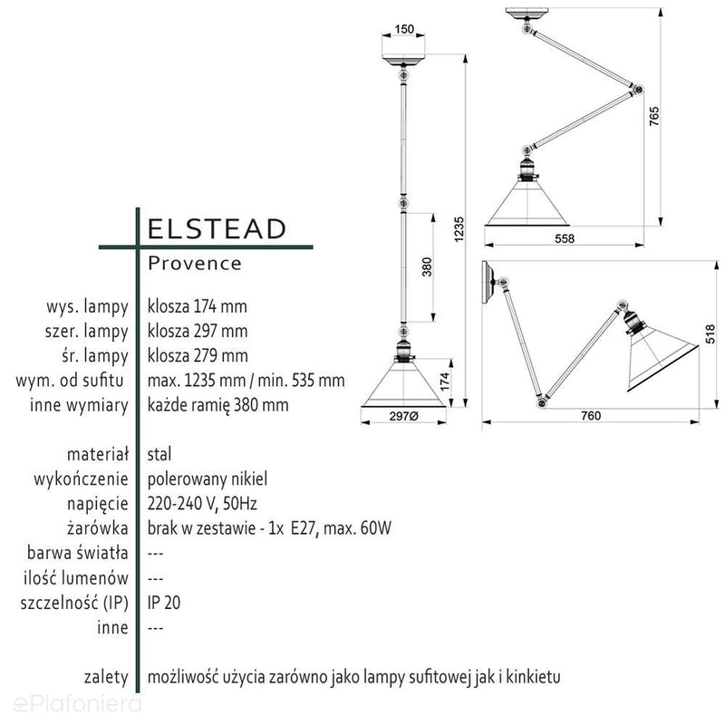 Lampa sufitowa / ścienna Provence (polerowany nikiel) - kinkiet regulowany, Elstead (1xE27)