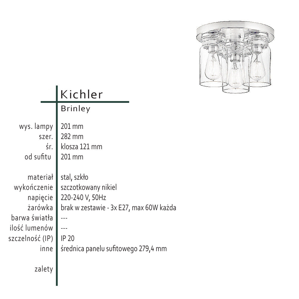 Lampa sufitowa szklany klosz (nikiel) plafon do kuchni salonu 1xE27, Kichler (Brinley)
