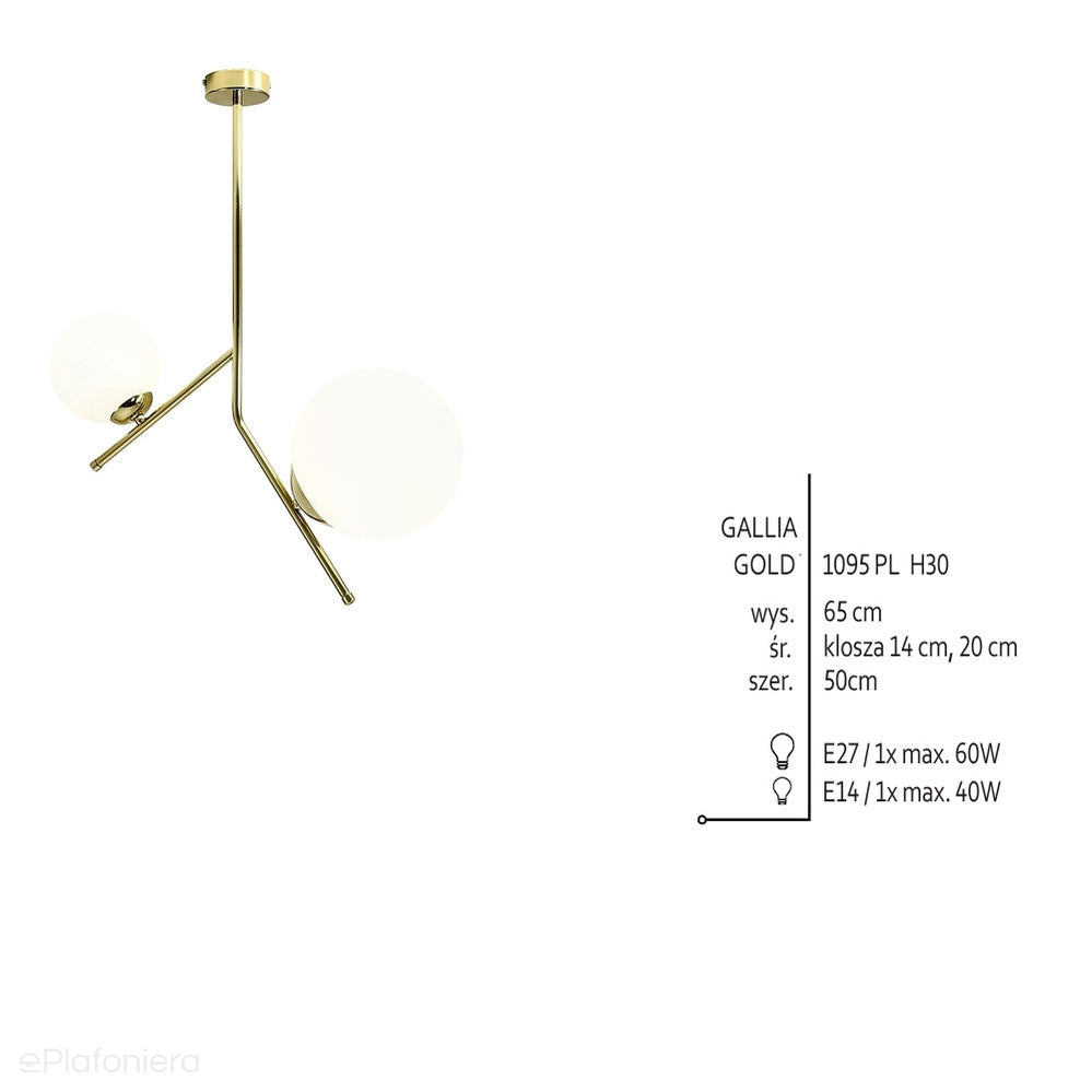 Lampa sufitowa, złota, dwie mleczne kule 14cm/20cm (E14/E27) Aldex (Gallia) 1095PL-H30