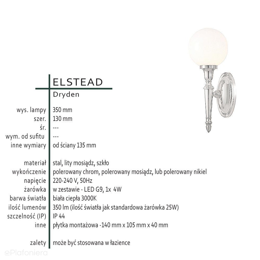 Lampa szklana Dryden / kinkiet do łazienki - kulka (chrom/mosiądz/nikiel) - Elstead (G9 1x4W)