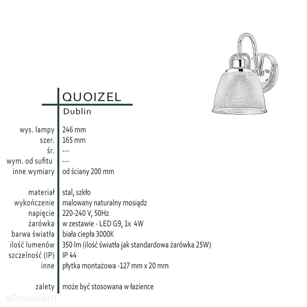Lampa szklana kinkiet Dublin (naturalny mosiądz) - Quoizel (G9 / 4W)